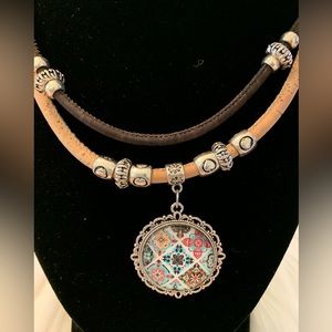 Quilt Pattern Pendant Double Cork Necklace